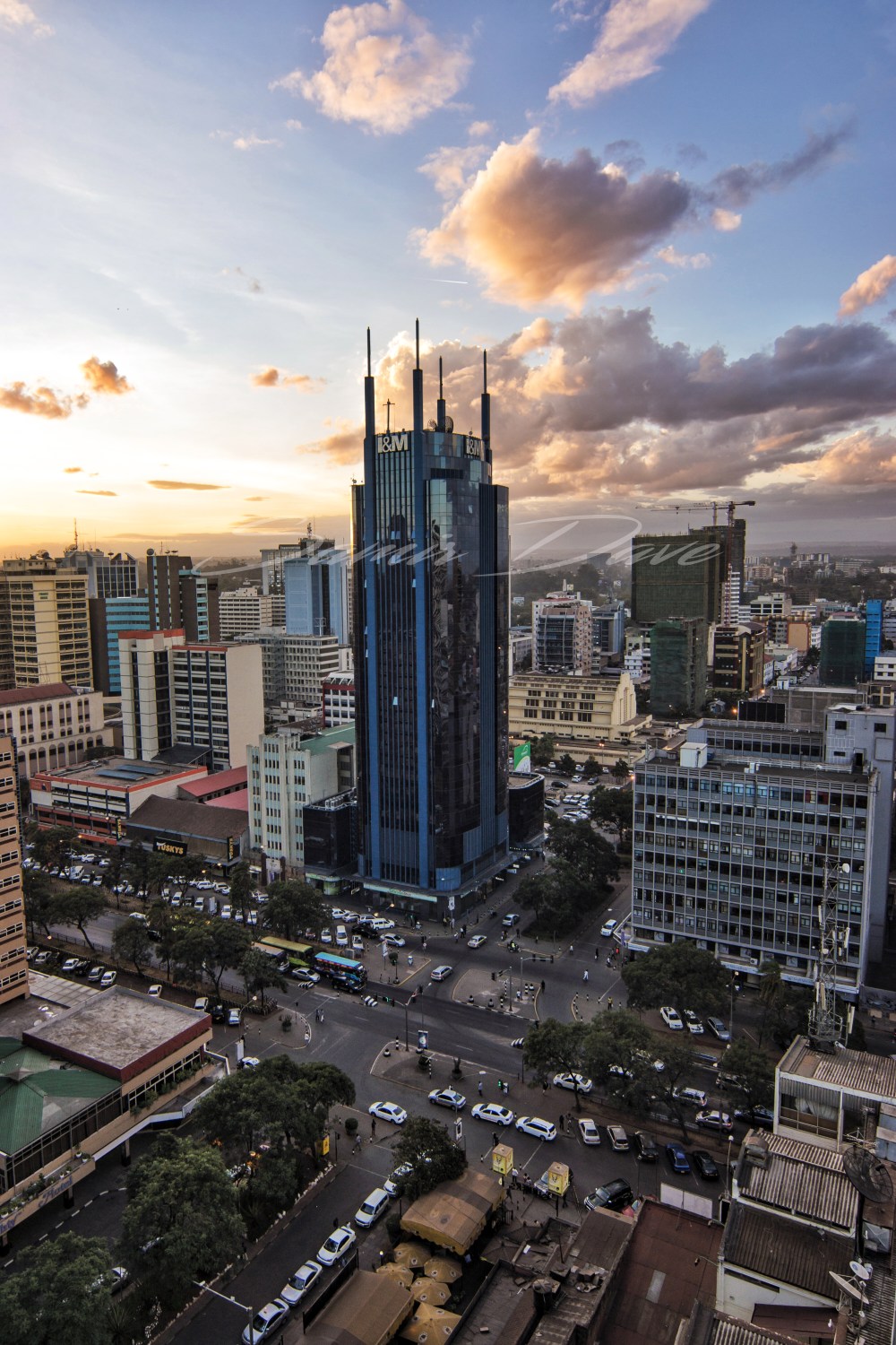 Nairobi city glowing in the dusk sun.