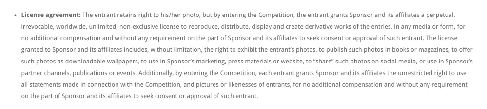 Terms and conditions excerpt from a recently concluded Africa wide photo competition