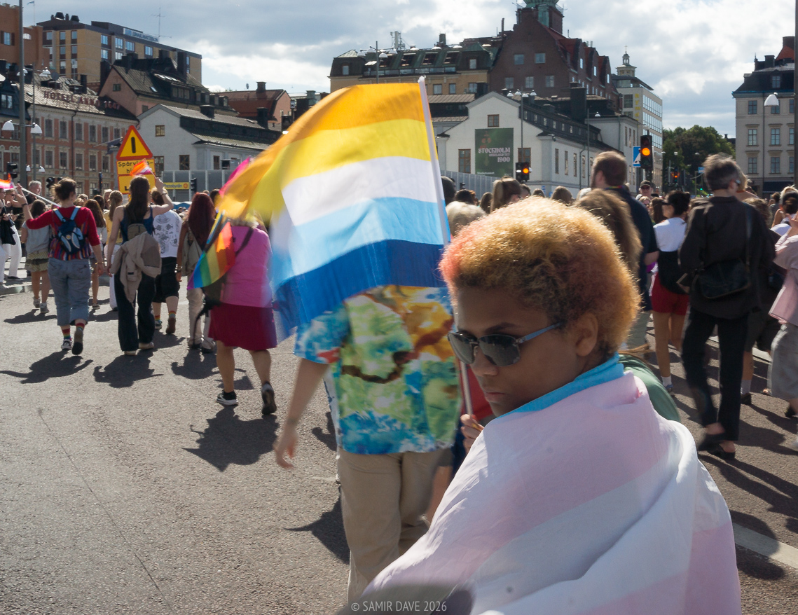 Person carrying the AroAce (aromantic, asexual) pride flag at Stockholm Pride festival 2026.