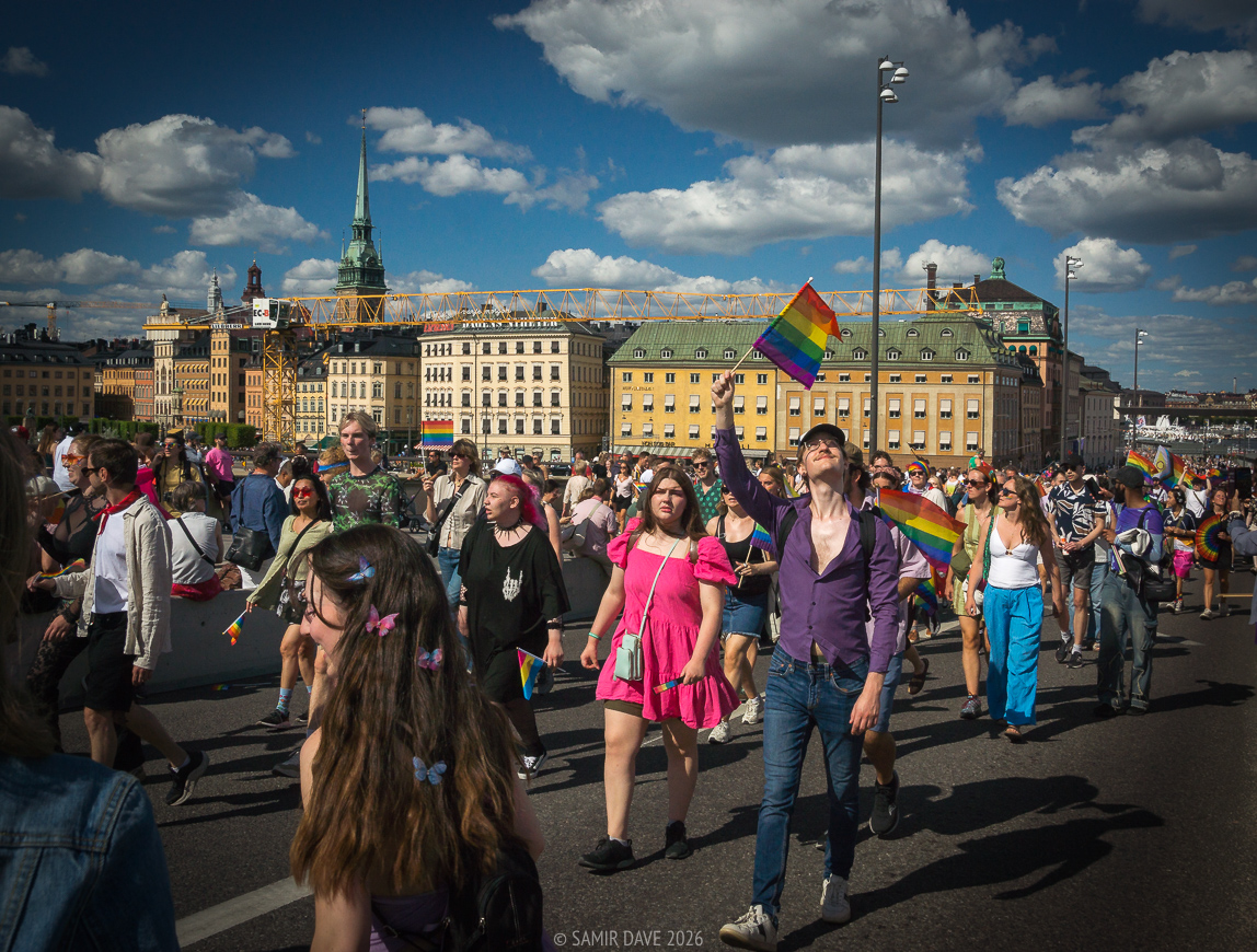 Looking up at the pride flag with pride, Slussbron, Stockholm Pride Festival 2026.