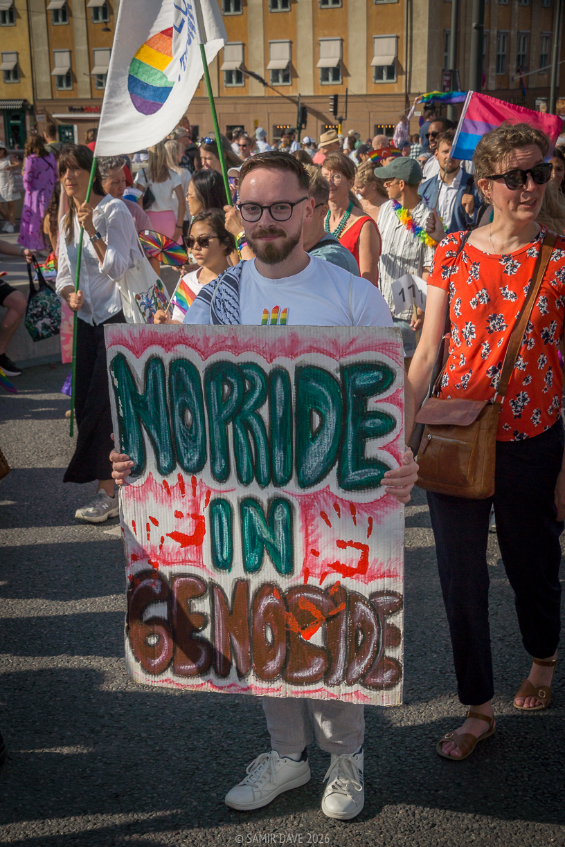 A reminder that there is no pride in genocide at Stockholm Pride Festival 2026.